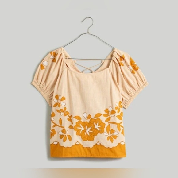 Madewell Tops - Madewell‎ Embroidered Scallop-Hem Puff-Sleeve Top NL039 Pink Mustard M
